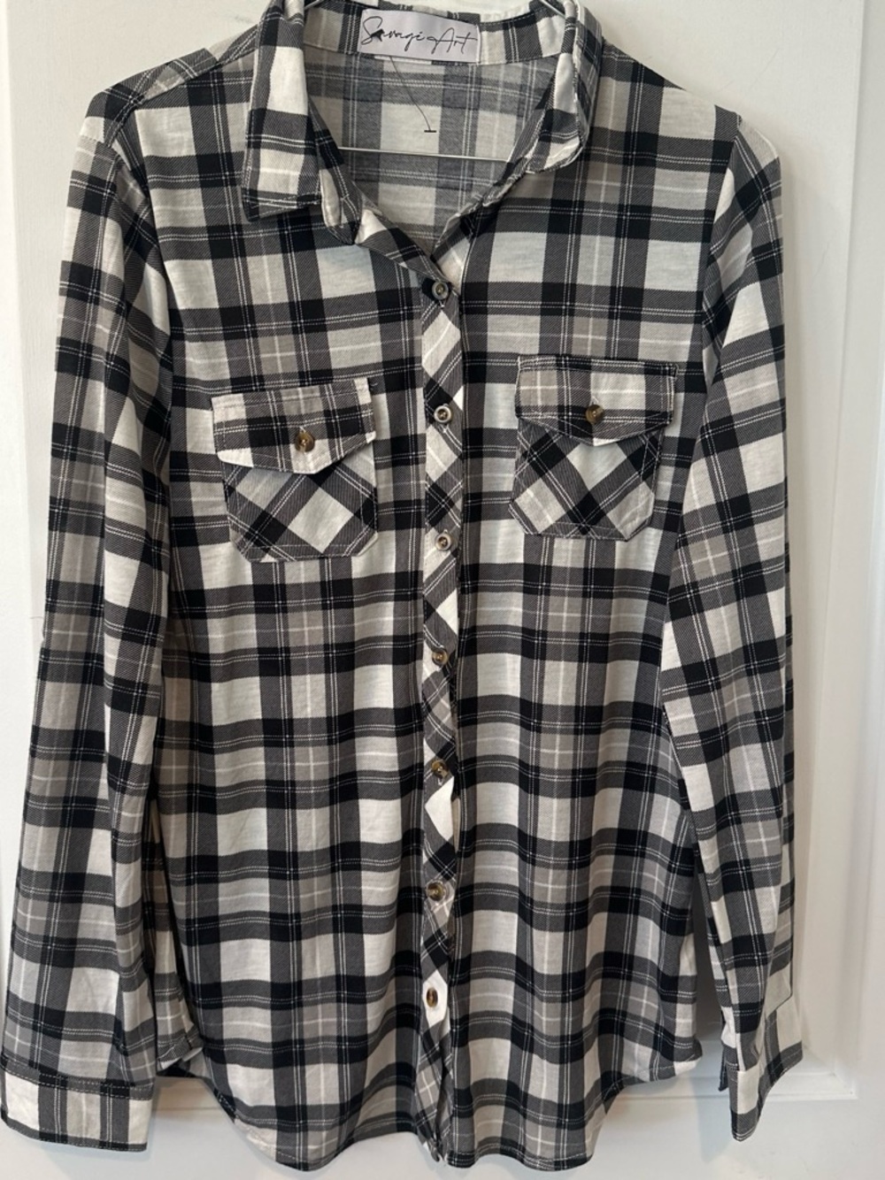 Women’s Black & White Plaid Button-Down Shirt - Casual Lightweight Top